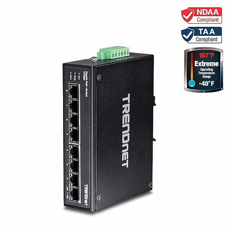 TRENDnet 8-Port Hardened Industrial Unmanaged Gigabit PoE+ DIN-Rail Switch,TI-PG80, 200W Full PoE+ Power Budget, 16 Gbps Switching Capacity, Lifetime Protection 8 Port PoE+
