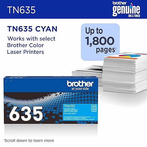 Brother Genuine TN635C Standard Yield Cyan Toner Cartridge, 1 Pack