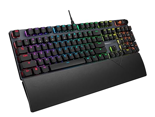 ASUS ROG Strix Scope II Gaming Keyboard, pre-lubed ROG NX Snow Linear Mechanical switches, Sound-dampening Foam, PBT doubleshot keycaps, Streaming hotkeys, Multi-Function Controls, Wrist Rest Snow Switch