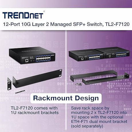 TRENDnet 12-Port 10G Layer 2 Managed SFP+ Switch, TL2-F7120, 12 x 10G SFP+ Ports, 240Gbps Switching Capacity, Supports 10GBASE-X / 1000BASE-FX SFP Fiber Modules, Lifetime Protection, Black Layer 2 Switch