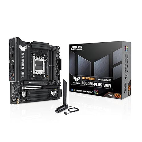 ASUS TUF Gaming B850M-PLUS WiFi AMD AM5 B850 mATX Motherboard, 14+2+1 80A DrMOS Stages, DDR5, PCIe 5.0, 3X M.2, Wi-Fi 6E, 2.5Gb LAN, DP, HDMI™, USB 10Gbps & 20Gbps Type-C®, BIOS Flashback™, Aura Sync