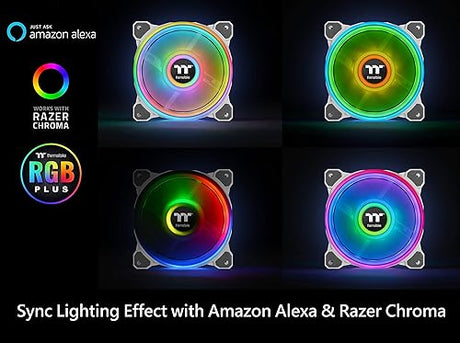 Thermaltake Riing Quad 140mm 16.8 Million RGB Color (Alexa, Razer Chroma) Software Enabled 4 Light Rings 54 Addressable LED 9 Blades Hydraulic Bearing White Case/Radiator Fan, 3 Pack, CL-F101-PL14SW-B
