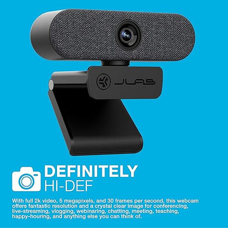 JLab Epic Cam USB HD Webcam, Black with Optional White Face Plate, Full 2k/30 FPS, 5 Megapixels, Auto-Focus, Dual Omni-Directional Microphones, Adjustable Zoom and Exposure Levels