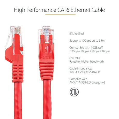 StarTech.com 125ft CAT6 Ethernet Cable - Red CAT 6 Gigabit Ethernet Wire -650MHz 100W PoE RJ45 UTP Network/Patch Cord Snagless w/Strain Relief Fluke Tested/Wiring is UL Certified/TIA (N6PATCH125RD) Red 125 ft / 38 m