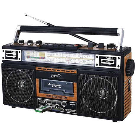 SuperSonic - Retro 4 Band Radio & Cassette Player with Bluetooth, Boomboxes - Wood Grain (SC-3201BT)