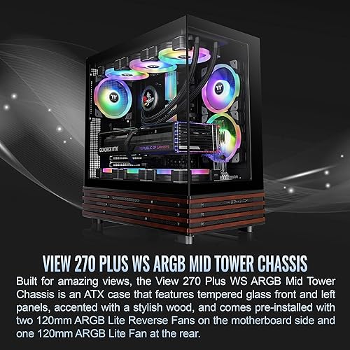 Thermaltake View 270 Plus WS ARGB; Mid Tower; 3x120mm Lite Fans Included; 360mm Radiator Support; 420mm GPU Clearance;Bottom Wood Trim; E-ATX/ATX/mATX/mITX; 220mm PSU Clearance;Black; CA-1Y7-00M1WN-WS