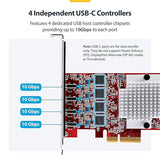 StarTech.com 4-Port USB-C 10Gbps PCIe Card, 4X Independent USB 3.2 Controllers, PCI Express 3.0, Standard Profile, TAA