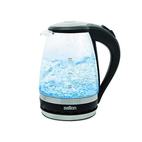 Salton Cordless Electric Compact Glass Kettle, Water Boiler and Tea Heater, Soft Blue Illumination, 1.5 Liter/Quart with Automatic Shut-Off and Boil-Dry Protection, 1100 Watts (GK1831)