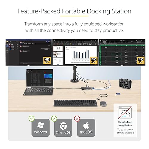 StarTech.com USB-C Triple-Monitor Multiport Adapter, Dual 4K 60Hz + 4K 30Hz HDMI & DP, 4X USB-A, 100W PD Pass-Through, GbE, SD Card Reader