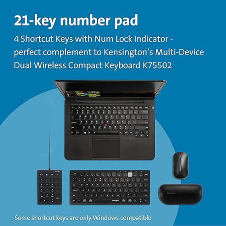 Kensington Wired Numeric Keypad with Plug & Play USB Connection, 21-Key Numpad with 4 Shortcut Keys for PC, Laptops and Other Devices (K79820WW)