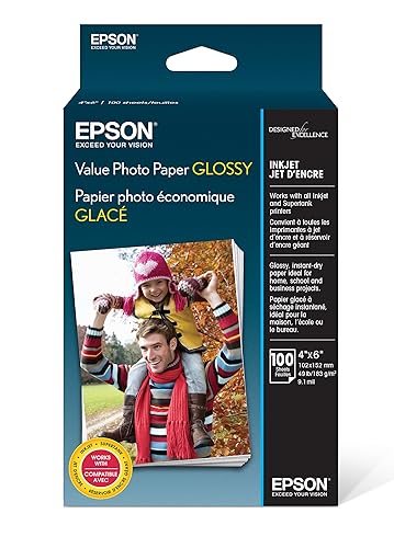 Epson Value Glossy Photo Paper, 9.1 Mil, 4 X 6, White, 100 Sheets/Pack