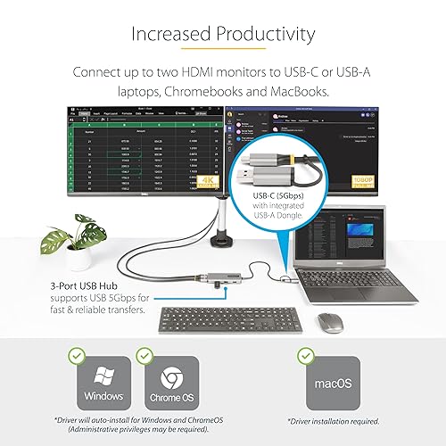 StarTech.com USB-C Multiport Adapter w/Attached USB-C to USB-A Dongle, Dual HDMI (4K30Hz/1080p60Hz), 3X USB-A 5Gbps, Mini Travel Dock, Laptop Docking Station, 1.3ft/40cm Cable (167B-USBC-MULTIPORT)