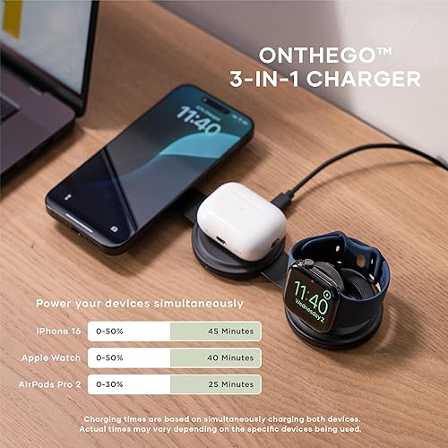 Satechi OntheGo™ 3 in 1 Wireless Charger, Qi2 Portable Charger with 15W Fast Charging for iPhone, 5W for Apple Watch, and 5W for AirPods, Magnetic Travel Charging Station – Black 3 in 1 Charger Black
