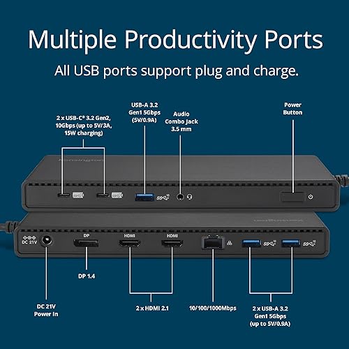 Kensington SD4842P EQ 12-in-1 USB-C Triple Monitor Docking Station vis 2X HDMI & 1x DisplayPort, 100W PD, Ethernet, Audio Jack, Security Lock Slots, for Windows and USB-C Alt-Mode Laptops (K32810NA)