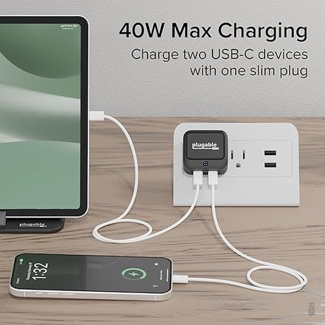 Plugable Dual USB C Wall Charger, 40W Foldable 2-Port Flat USB C Fast Charger Block, Power Adapter for iPhone 16, iPad, AirPods, Samsung Galaxy, Pixel (PS-40C2B) Black