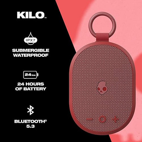 Skullcandy Kilo Wireless Bluetooth Speaker - IPX7 Waterproof Mini Bluetooth Speaker with 24 Hour Battery, Downward Firing Passive Radiator, and True Wireless Pairing - Perfect for Outdoor Red