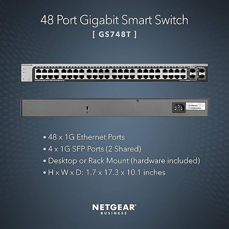 NETGEAR 48-Port Gigabit Ethernet Smart Switch (GS748T) - Managed, Optional Insight Cloud Management, with 2 x 1G SFP and 2 x 1G Combo, Desktop or Rackmount, and Limited Lifetime Protection