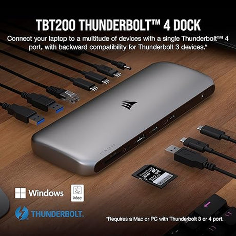 Corsair TBT200 Thunderbolt 4 Dock - Up to 96W Power Delivery - 4X Thunderbolt 4 Ports - Thunderbolt Dock Utility - 4X USB Type-A Ports - USB Type-C Port - SD 4.0 Card Reader - 2.5Gb Ethernet Port Thunderbolt 4 USB-C x3