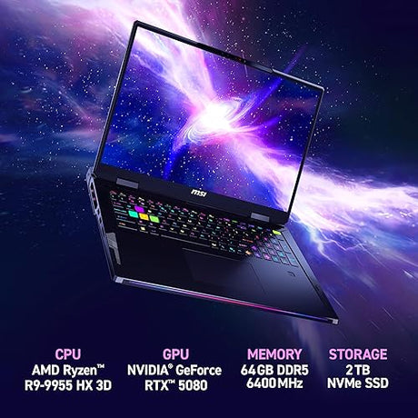 MSI Raider A18 HX 18” 120Hz UHD+ Gaming Laptop: AMD Ryzen 9-9955HX3D, NVIDIA Geforce RTX 5080, 32GB DDR5, 2TB NVMe SSD, Type C, Wi-Fi 7, Win 11 Pro: Black A9WIG-082US Ryzen 9 9955HX3D 64 GB 2 TB RTX 5080 18 UHD+ 120Hz