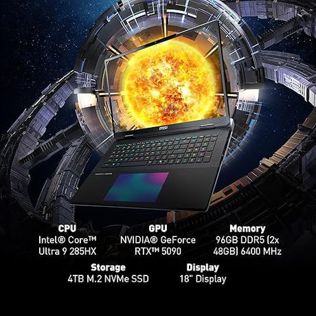 MSI Titan 18 HX AI A2XWJG-016US 18 UHD+ 120Hz Mini LED Gaming Laptop, Intel Core Ultra 9-285HX, RTX 5090, 96GB (48GB*2) DDR5 6400MHz, 2TB Gen5 + 4TB(2TB*2) Gen4 NVMe PCIe SSD, Win11 Pro, Lucky Figure
