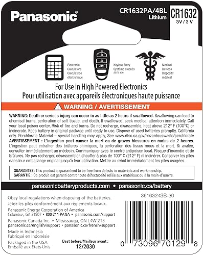 Panasonic CR1632 3.0 Volt Long Lasting Lithium Coin Cell Batteries in Child Resistant, Standards Based Packaging, 4-Battery Pack 1 Count (Pack of 4)