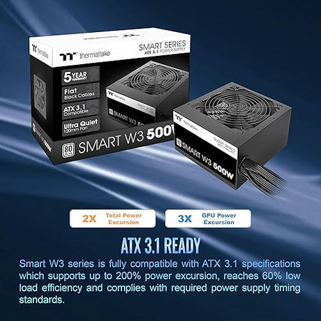 Smart W3 Series 80Plus Certified 500W Power Supply; ATX v3.1 Spec; 120mm FDB Fan; 5 Year Warranty; PS-SPW-0500NNFAWU-1
