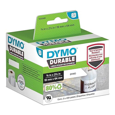 DYMO LW Durable Industrial Labels for LabelWriter Label Printers, White Poly, 3/4” x 2-1/2”, 2 Rolls of 450 (1933085)