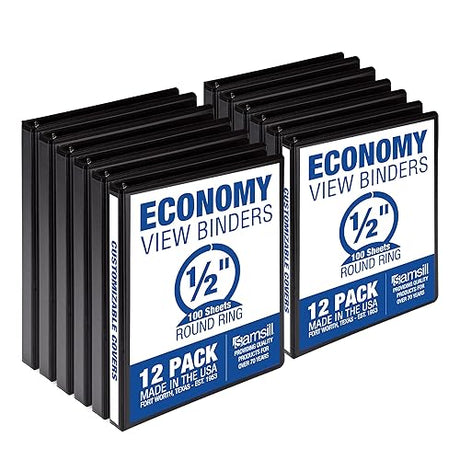 Samsill Economy 3 Ring View Binders, .5 Inch Round Ring, Customizable Clear View Cover, Black, Bulk Binders - 12 Pack .5-Inch 12-Pack Black