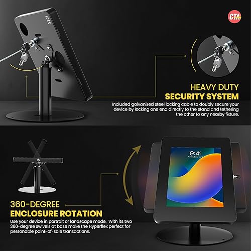 Premium Retail POS Stand – CTA Upscale Tablet Kiosk Stand with 360 Rotation & Locking – for iPad 11 (A16) - Pro 11-inch M4 - Air 11-inch M3- iPad 10th Gen - Galaxy Tab & More Tablets Medium Size Tablets Key Lock Black