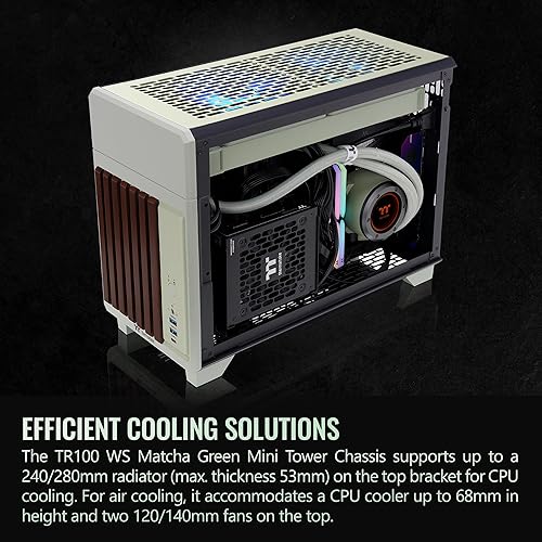 Thermaltake TR100 WS; Wood Front Trim; mITX Support; 18.9 Liters; PCIe 4.0 Riser Cable Included; 360mm GPU Clearance; 280mm Radiator Support; Removable PCIe Bracket; Matcha Green; CA-11A-00SENN-WS
