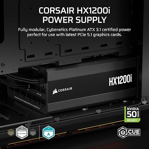 CORSAIR HX1200i (2025) Fully Modular Ultra-Low Noise ATX Power Supply with 12V-2x6 Cable – ATX 3.1 & PCIe 5.1 Compliant, Cybenetics Platinum Efficiency, Fluid Dynamic Bearing Fan – Black 1200 Watts