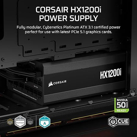 CORSAIR HX1200i (2025) Fully Modular Ultra-Low Noise ATX Power Supply with 12V-2x6 Cable – ATX 3.1 & PCIe 5.1 Compliant, Cybenetics Platinum Efficiency, Fluid Dynamic Bearing Fan – Black 1200 Watts
