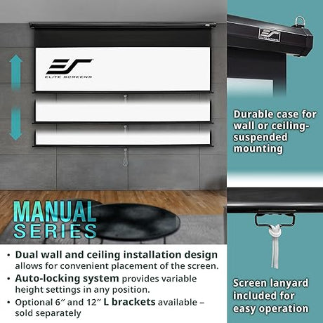 Elitescreens Manual Series, 84-INCH 16:9, Pull Down Manual Projector Screen with AUTO Lock, Movie Home Theater 8K / 4K Ultra HD 3D Ready, 2-Year Warranty, M84UWH, 16:9, Black Black 16:9, 84-inch