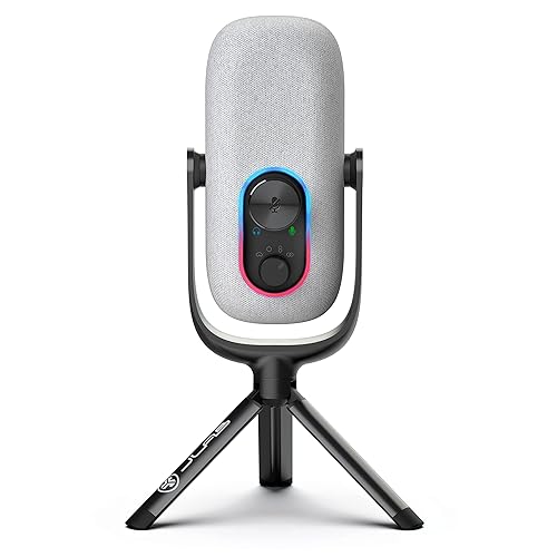 JLab Epic Talk USB Gaming Streaming Microphone, White, USB-C Output, Cardioid, Omni, Stereo, Bi-Directional, 192k Sample Rate, Volume Control, Gain Control, and Quick Mute, 3.5mm AUX, Plug and Play