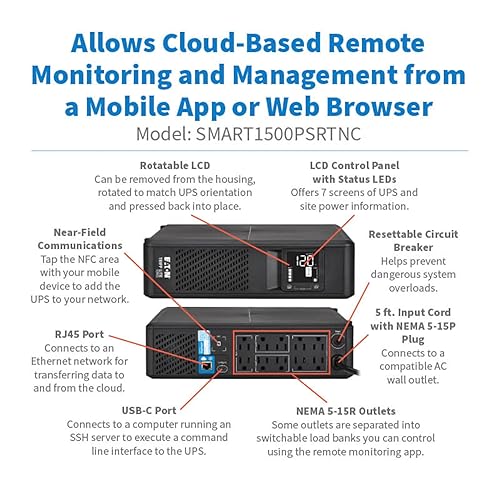 Eaton Tripp Lite Series SMART1500PSRTNC 1500VA Online Cloud-Connected Tower UPS Battery Backup & Surge Protector, 1050W, Pure Sine Wave, AVR, Computer Uninterruptible Power Supply Units
