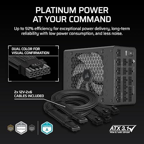 CORSAIR HX1200i (2025) Fully Modular Ultra-Low Noise ATX Power Supply with 12V-2x6 Cable – ATX 3.1 & PCIe 5.1 Compliant, Cybenetics Platinum Efficiency, Fluid Dynamic Bearing Fan – Black 1200 Watts