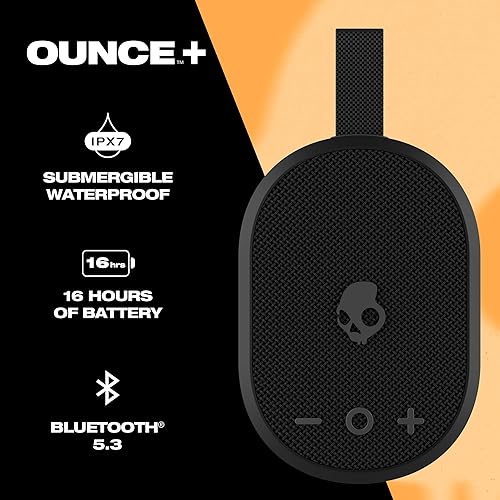 Skullcandy Ounce+ Wireless Bluetooth Speaker - IPX7 Waterproof Mini Portable Speaker with 16 Hour Battery, True Wireless Stereo, and Ballistic Nylon Carry Strap Black