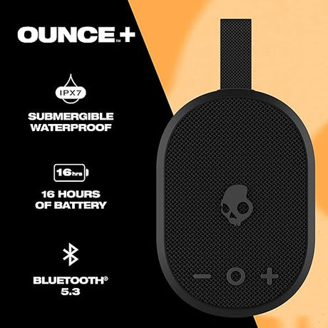 Skullcandy Ounce+ Wireless Bluetooth Speaker - IPX7 Waterproof Mini Portable Speaker with 16 Hour Battery, True Wireless Stereo, and Ballistic Nylon Carry Strap Black