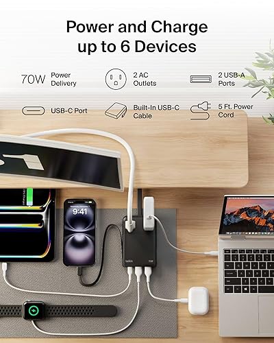 Belkin GaN Charging Station 70W, 6-in-1 USB C Charger w/ 2X AC Outlets, 2X USB A Ports, Integrated USB C Cable - Power Strip for iPhone, Apple Watch, iPad, MacBook, Chromebook, Galaxy, Pixel, & More 70W, 2 AC Outlet w/ Integrated Cable