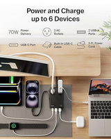 Belkin GaN Charging Station 70W, 6-in-1 USB C Charger w/ 2X AC Outlets, 2X USB A Ports, Integrated USB C Cable - Power Strip for iPhone, Apple Watch, iPad, MacBook, Chromebook, Galaxy, Pixel, & More 70W, 2 AC Outlet w/ Integrated Cable