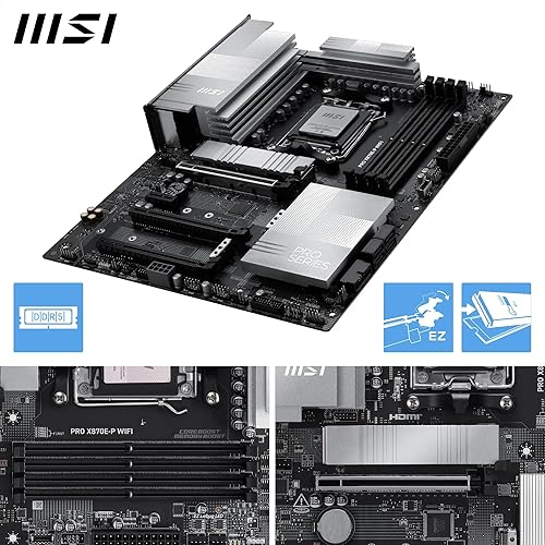 MSI PRO X870E-P WiFi Motherboard, ATX - Supports AMD Ryzen 9000/8000 / 7000 Processors, AM5-60A SPS VRM, DDR5 Memory Boost (8200+ MT/s OC), PCIe 5.0 x16 & 4.0 x16, M.2 Gen5, Wi-Fi 7, 5G LAN