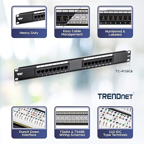 TRENDnet 16-Port Cat6 Unshielded Patch Panel, Rackmount, 1U 19, Cat3,Cat4,Cat5,Cat5e,Cat6 Compatible, 250Mhz Connection, Ideal For Copper Gigabit Ethernet Connections, Black, TC-P16C6