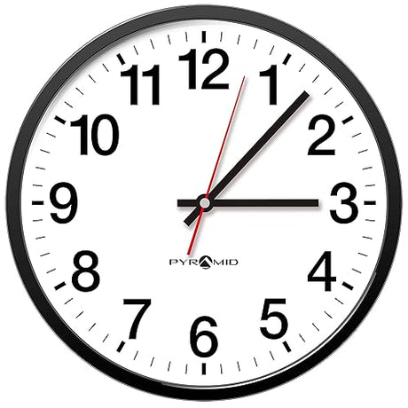 Pyramid Time Systems - Analog Wall Clock [ Q12210 ] – 12-Hour Face, 14 Inch Modern Battery Operated Wall Clock, Black Bezel, White Dial – Perfect for Home, School, Office, Factory or Warehouse
