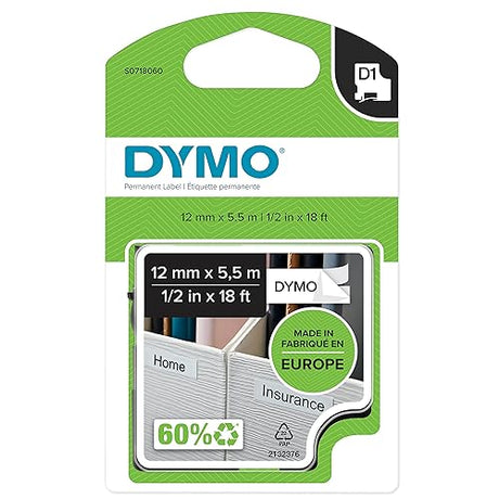 DYMO D1 High-Performance Permanent Polyester Labels | 12 mm x 5.5m Roll | Black Print on White | Self-Adhesive Labels for LabelManager Label Printers | Authentic