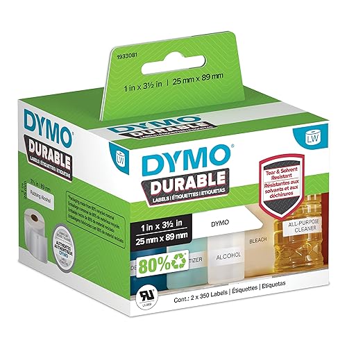 DYMO LW Durable Industrial Labels for LabelWriter Label Printers, White Poly, 1” x 3-1/2”, 2 Rolls of 350 (1933081) Durable 1” x 3-1/2”