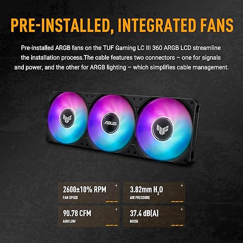 ASUS TUF Gaming LC III 360 ARGB LCD with pre-Installed & Integrated Triple Fans Designed for high Airflow and Static Pressure; 2.8 LCD for Hardware Monitoring, Custom GIFS and MP4 Video Clips