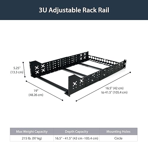 StarTech.com 3U Universal Server Rack Rails - TAA Compliant Fixed Mounting Rails - 19 Adjustable Depth Rack Mount Rails (UNIRAILS3U) Rack Rails 3U | 100 lbs