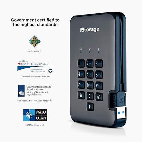 iStorage diskAshur PRO2 256-bit 256GB USB 3.1 FIPS Level 3 Certified, Secure encrypted Solid-State Drive IS-DAP2-256-SSD-256-C-X