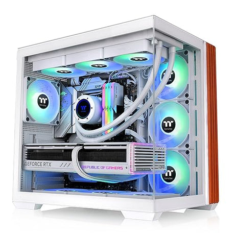 Thermaltake View 380 WS ARGB; Mid Tower Chassis; Side Wood Trim; 4x120mm ARGB Lite Fans Included; 415mm GPU Clearance; Dual Chamber; ATX/mATX/mITX; Hidden Connector Support; Snow; CA-1Z2-00M6WN-WS