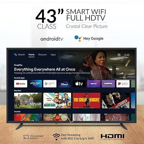 Supersonic Smart SC-4350GTV 43-inch FHD DLED TV with Google Assistant, ATSC/NTSC, HDMI, WiFi, USB Input, 1080p Resolution,16.7M Colors, 60Hz Refresh Rate, Energy-Efficient, Bluetooth, Remote Control SC-4350GTV– 43” Smart TV